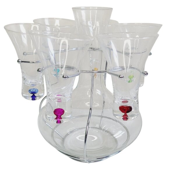 Torre & Tagus Glass Decanter Shot Glass Set of 6 Colorful Markers Metal Carrier - Picture 3 of 11